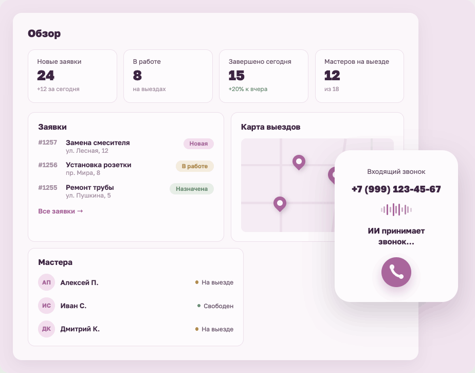 Интерфейс FixFlow AI: доска заявок и распределение мастеров